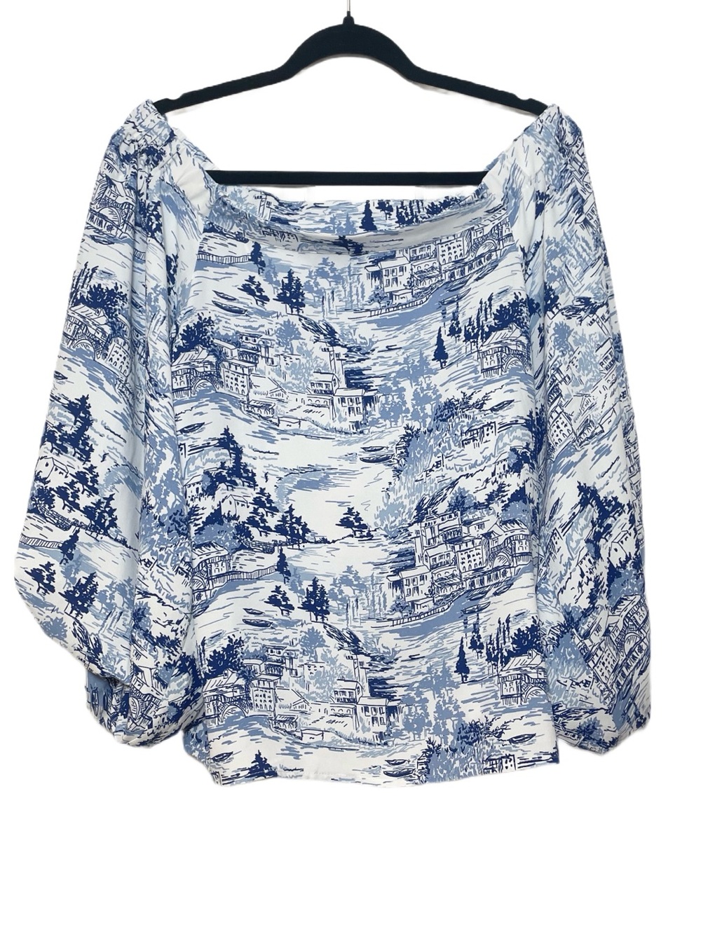 Sugarlips Blue & White Toile Off-Shoulder Puff Sleeve Top - Picture 3 of 9